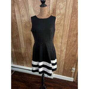 Calvin Klein Black White Striped Fit Flare Scuba Dress Petite 8P Sleeveless‎